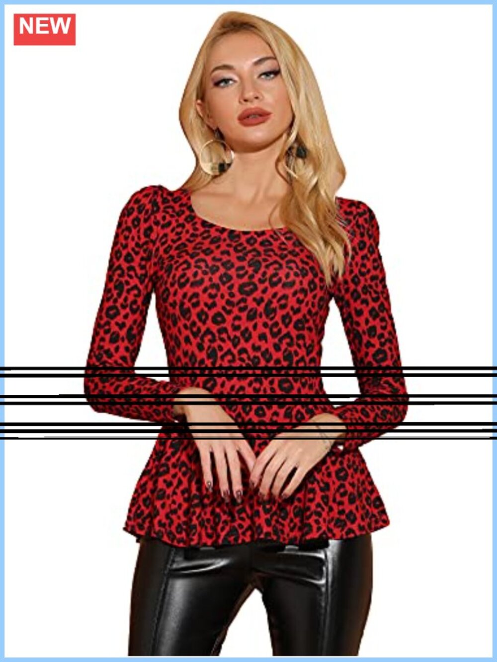 Allegra K Women's Animal Print Peplum Blouse Ruffled Hem Scoop Neck
